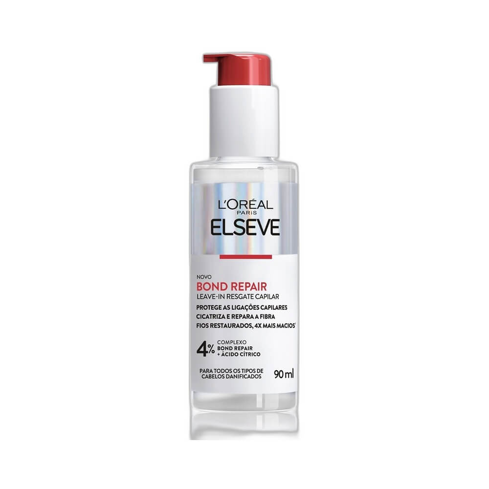 Frasco transparente do Leave-In Elseve Bond Repair 90ml com tampa pump vermelha